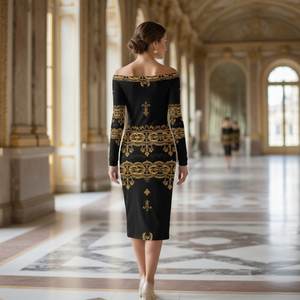 Back view of a black and gold baroque midi dress worn by a woman walking in an elegant hallway