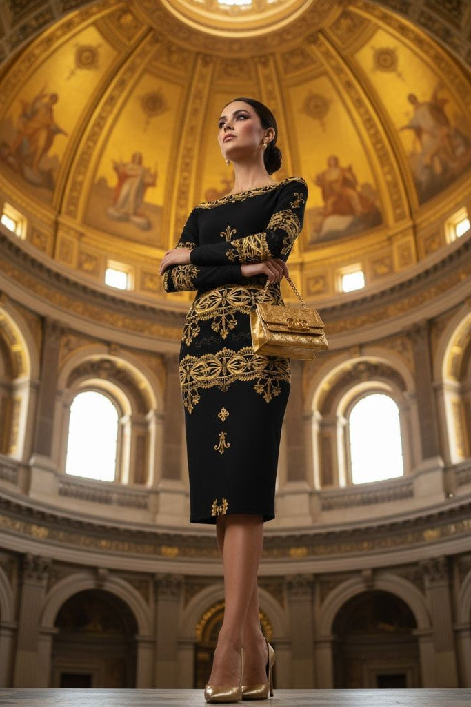 Black and gold baroque midi dress by Angelic Blessings Shop worn with gold heels and handbag in ornate historic building