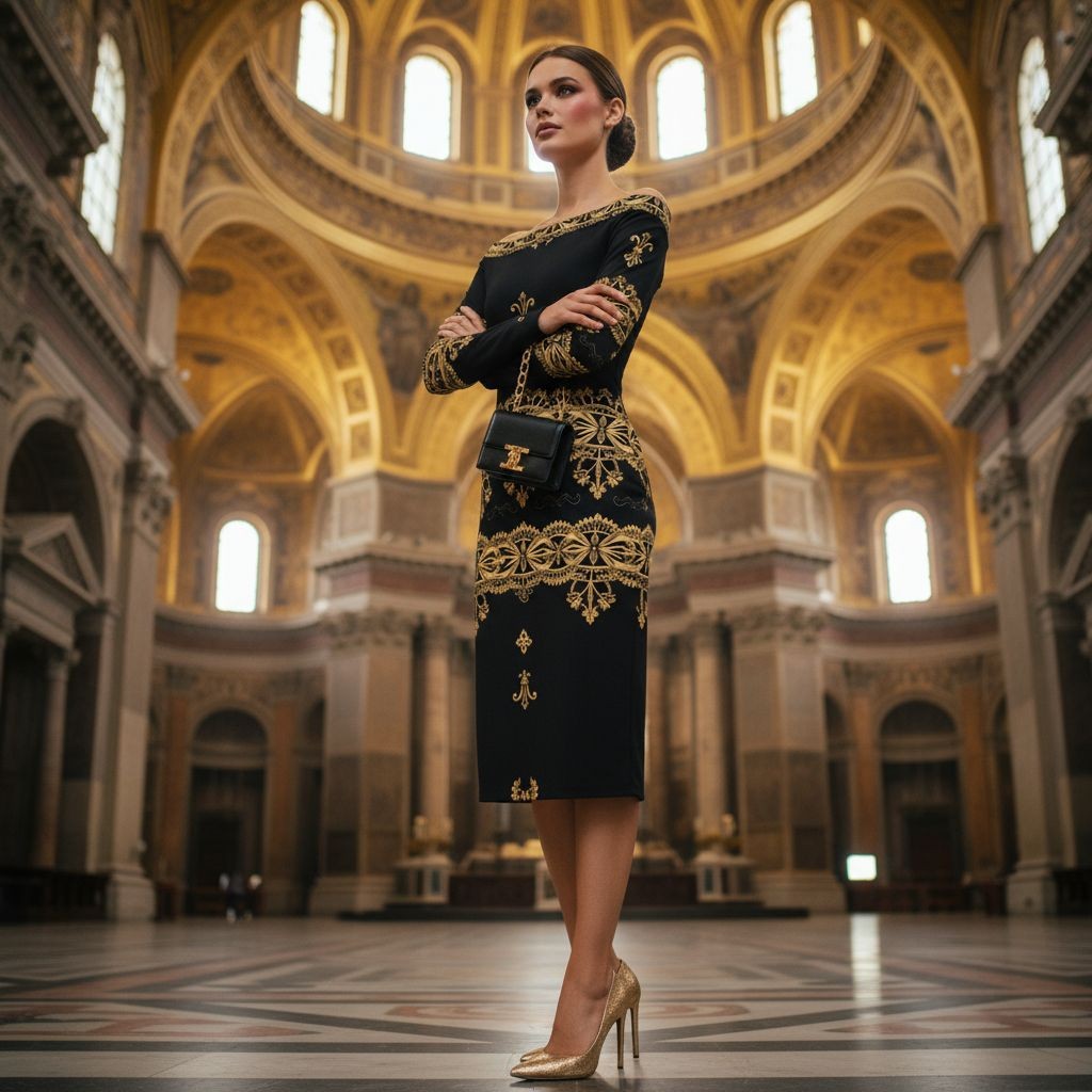 Black and gold baroque midi dress by Angelic Blessings Shop modeled in ornate cathedral interior