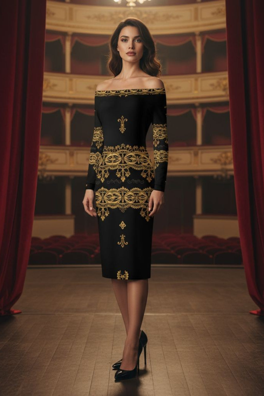 Angelic Blessings Shop black and gold baroque midi dress with off-shoulder neckline and long sleeves