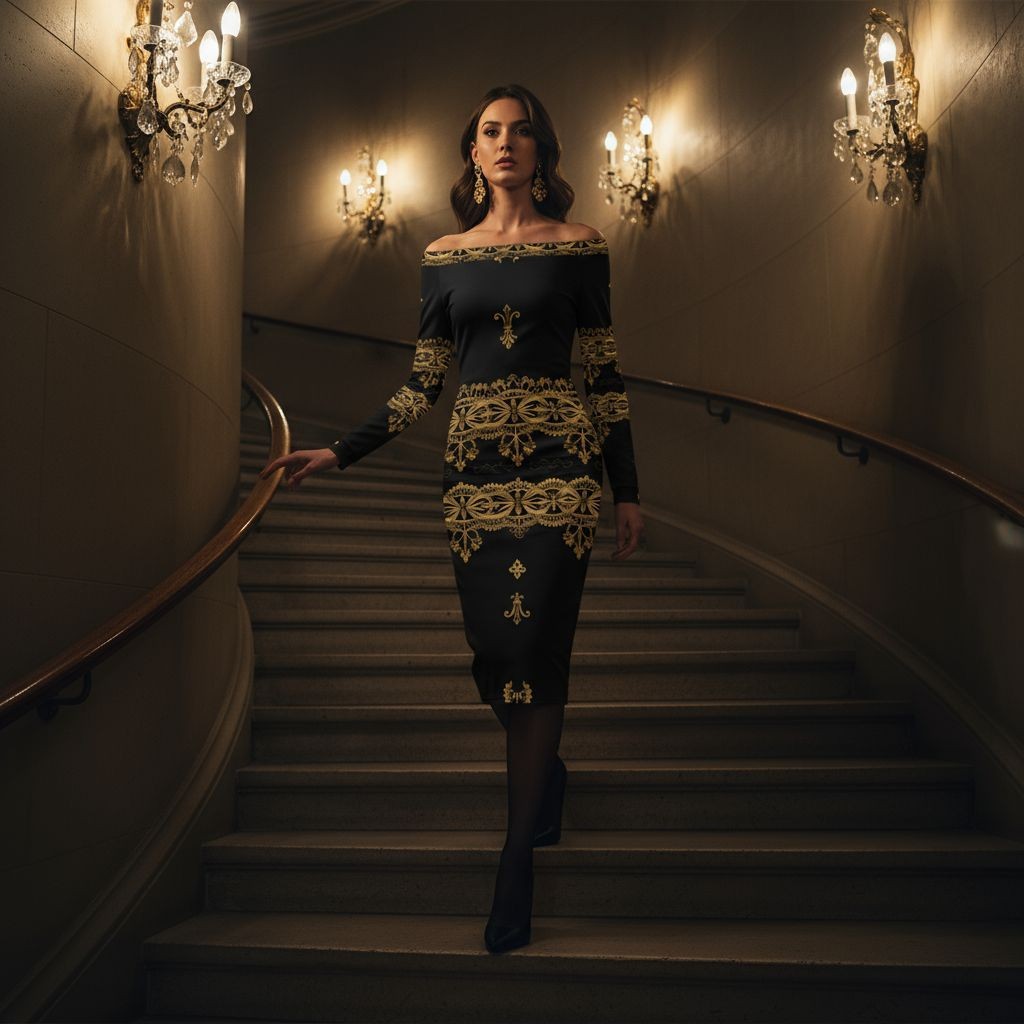 Elegant black and gold baroque midi dress worn by woman walking down grand staircase