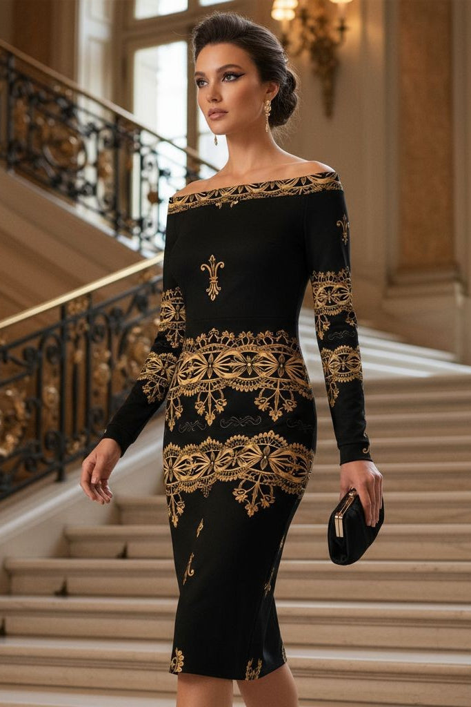 Black and gold baroque midi dress from Angelic Blessings Shop worn by woman on staircase