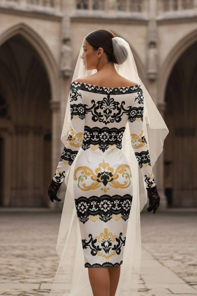Elegant black and gold lace wrap dress from Angelic Blessings Shop worn by woman in historic archway