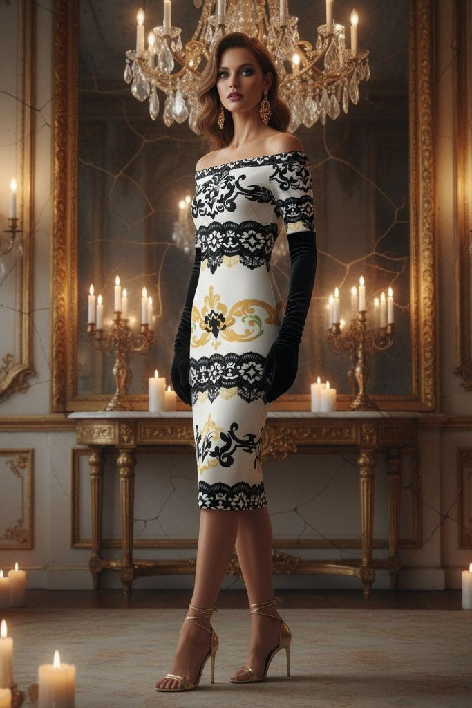 Luxury black and gold lace wrap dress by Angelic Blessings Shop worn in elegant room with candles and chandeliers