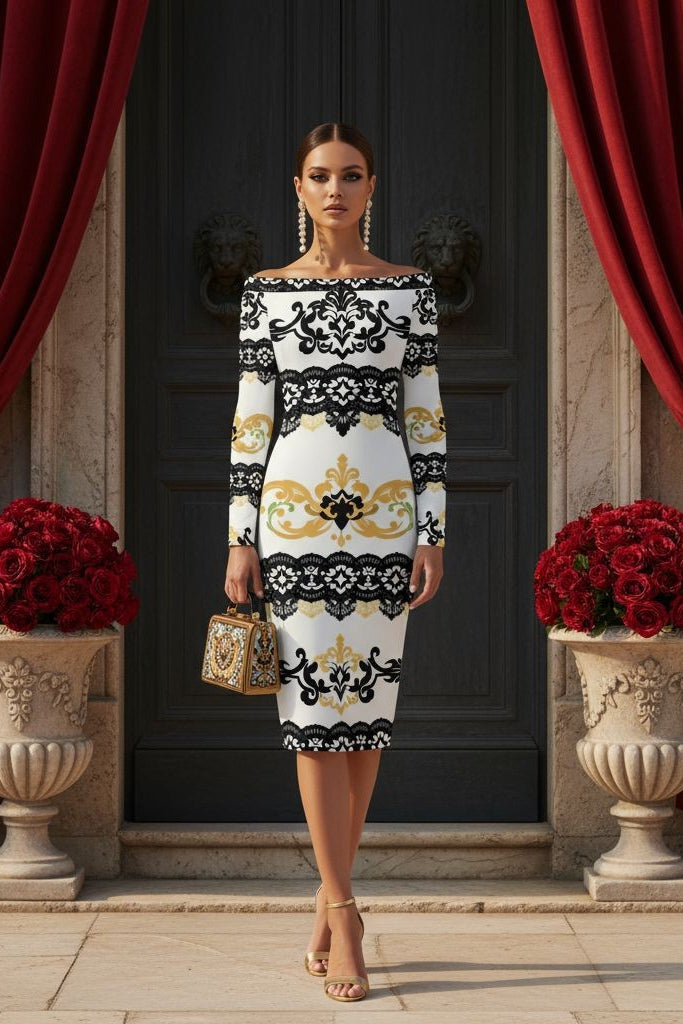 Elegant luxury evening black and gold lace wrap dress worn by model with gold heels and handbag