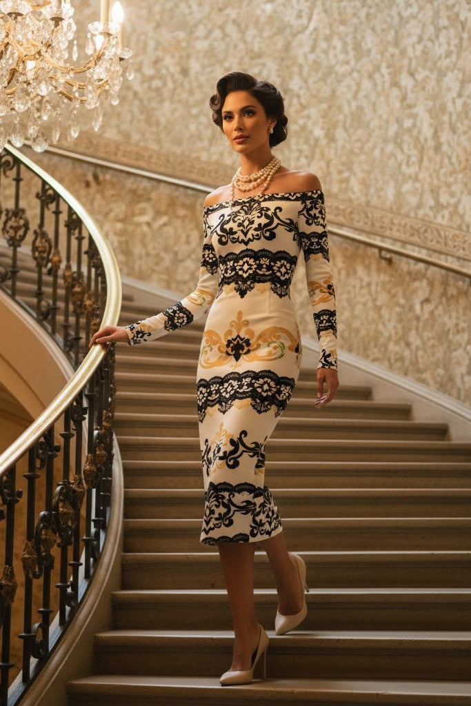 Elegant black and gold lace wrap dress worn by woman descending grand staircase
