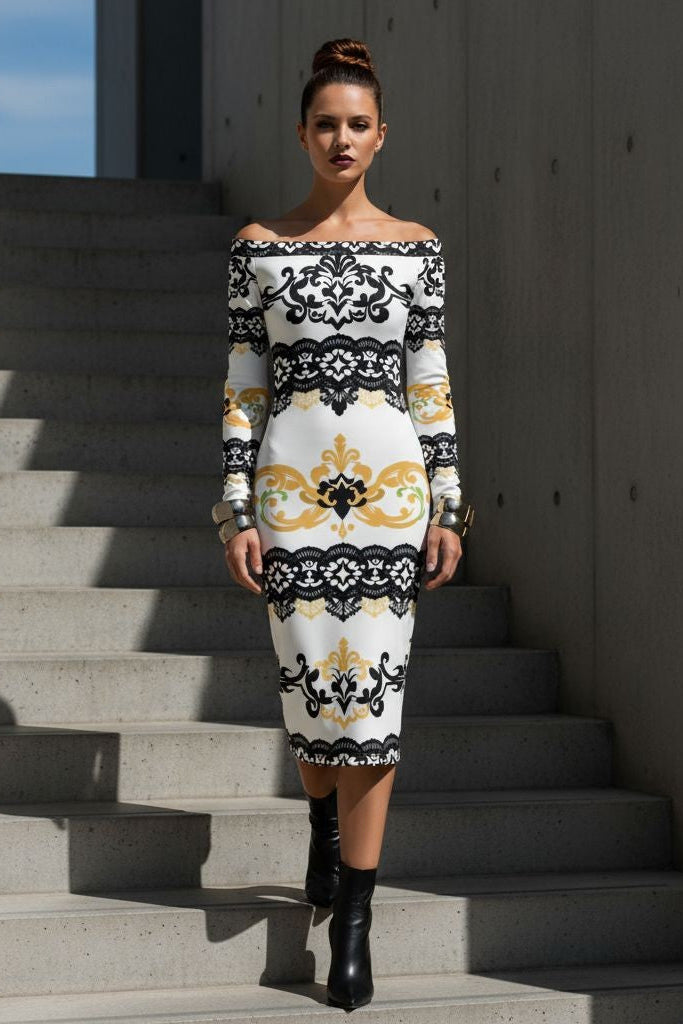 Angelic Blessings black and gold lace wrap dress luxury evening dress worn by model on stairs
