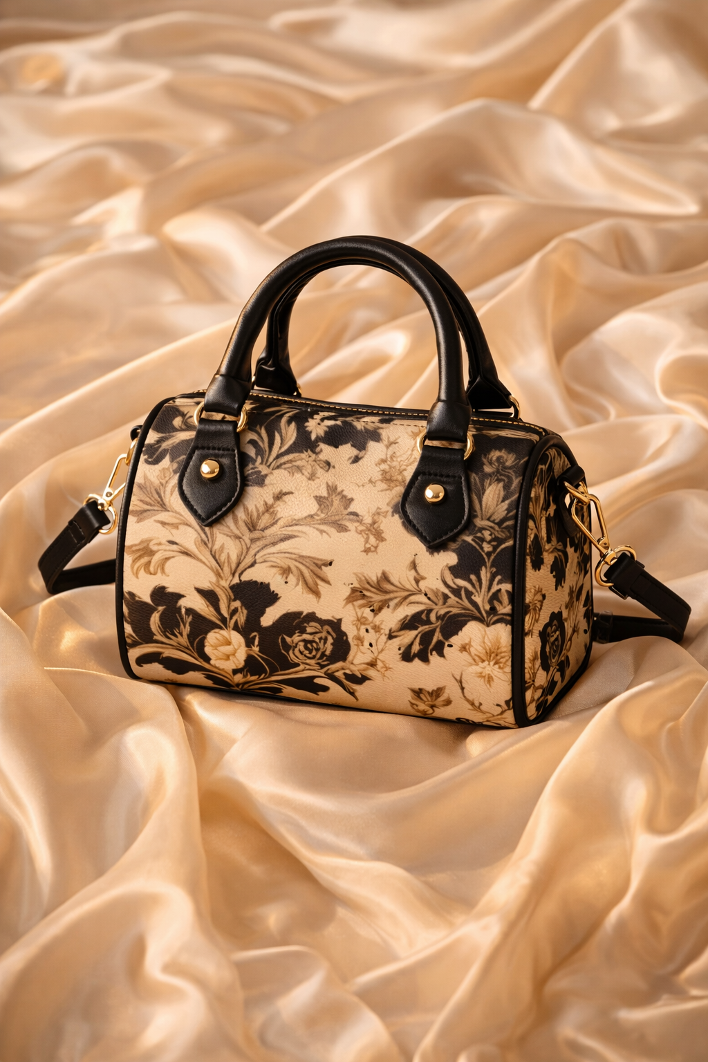 Cinematic Baroque Floral Mini Boston Bag Luxury Barrel Crossbody Handbag elegant evening outfit