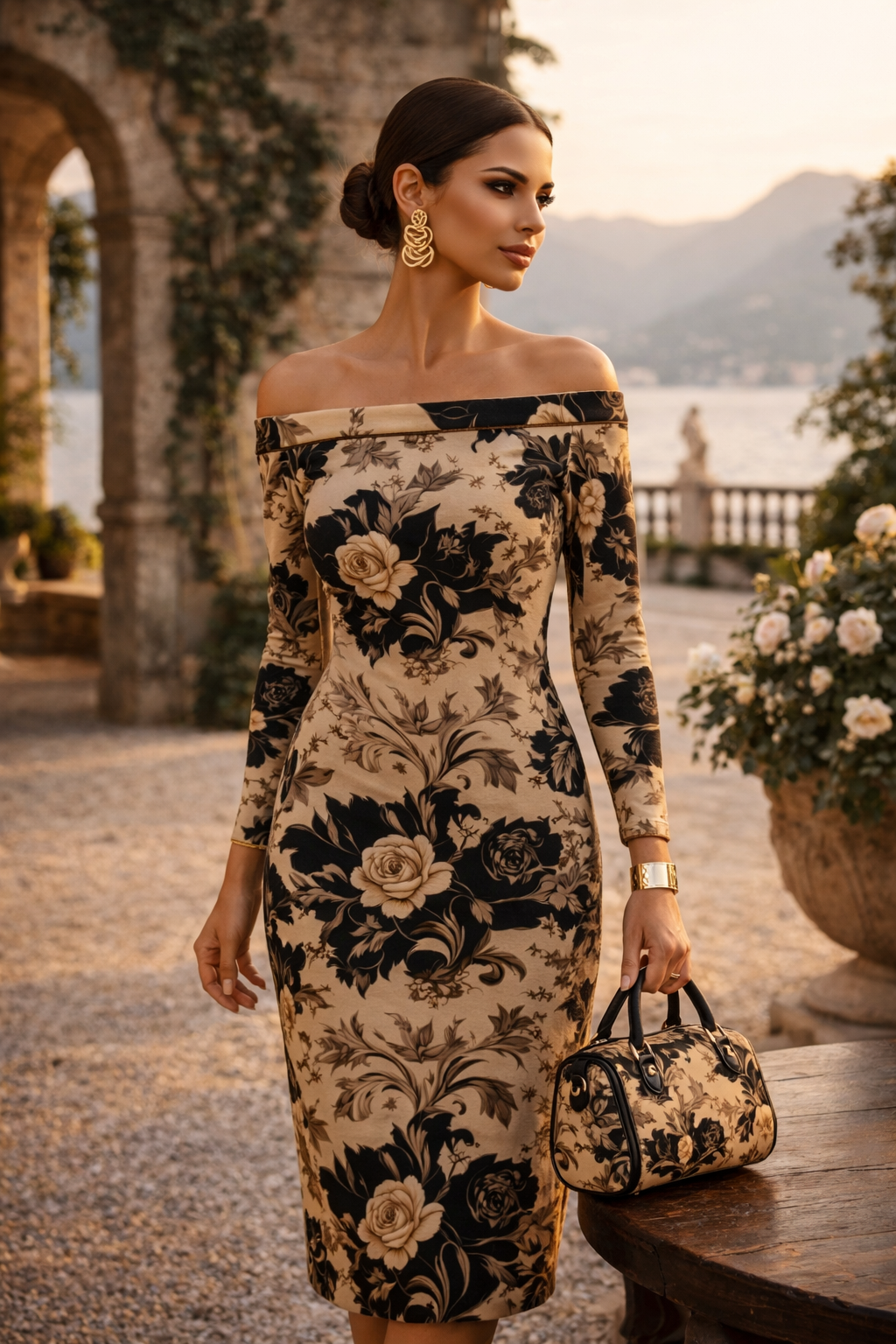 Cinematic Baroque Floral Mini Bag Luxury Barrel Crossbody Handbag with elegant evening outfit