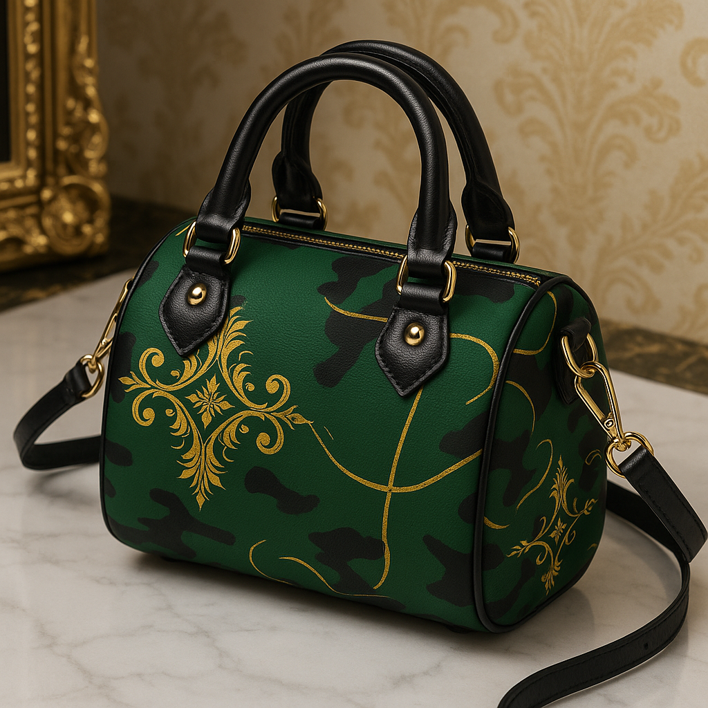 Camo Baroque Gold Ornamental Military leather crossbody mini bag elegant evening outfit