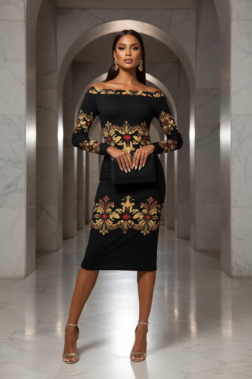 Off-the-shoulder dress elegant evening outfit with floral embroidery design