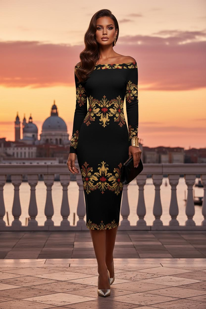 Off-the-shoulder dress Elegant Evening Outfit Black with Gold Print