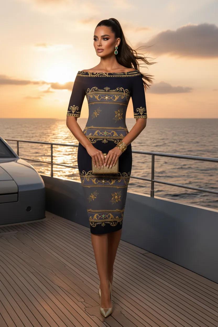 Black Grey Gold Baroque Midi dress bodycon elegant evening outfit with off shoulder design