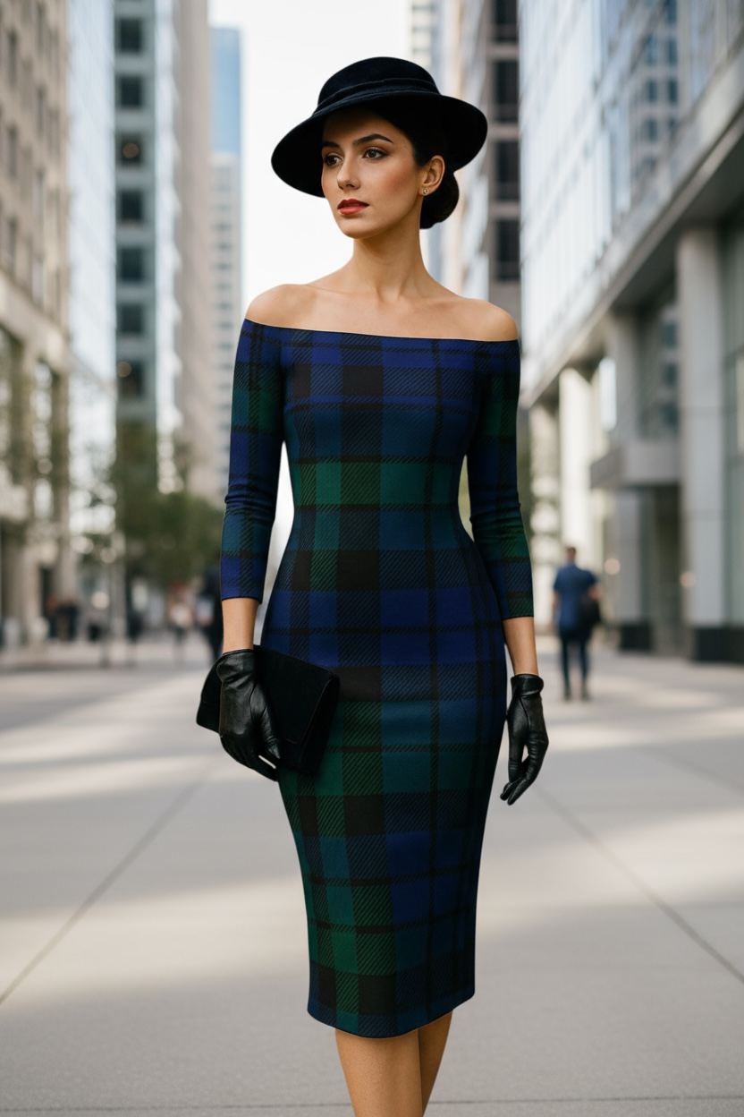 Luxury Black Watch tartan off-shoulder dress with three-quarter sleeves and fitted silhouette
