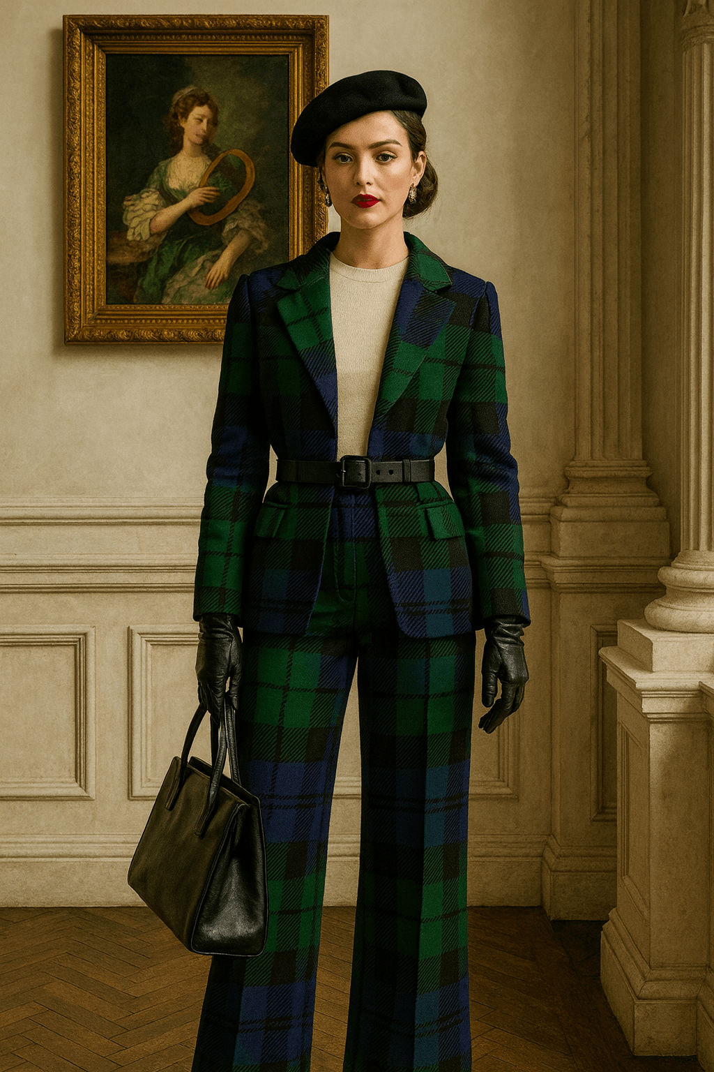 Woman wearing black watch tartan wide-leg trousers and matching blazer with beret and black gloves