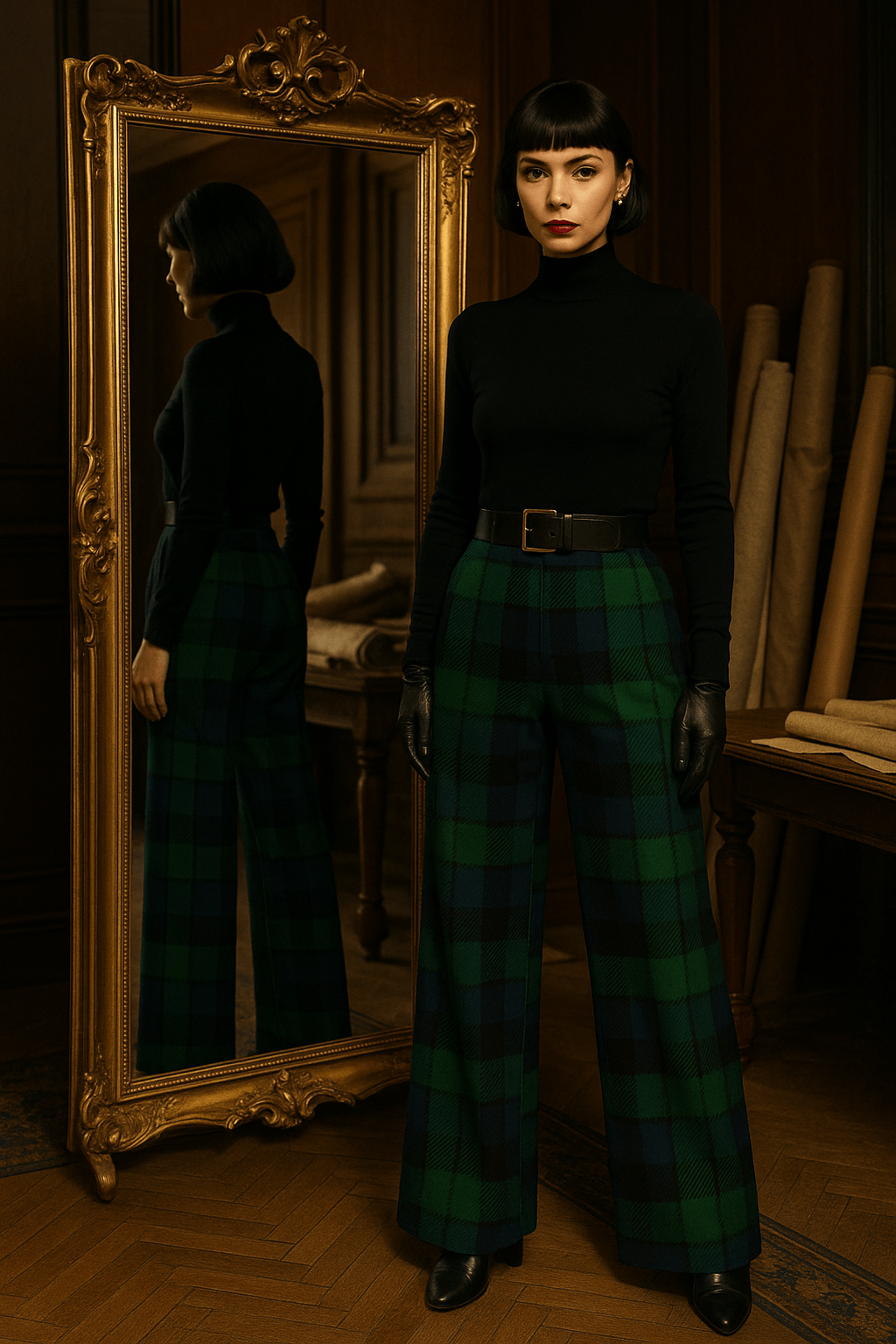 Woman wearing black watch tartan wide-leg trousers with black turtleneck and gloves standing by an ornate mirror