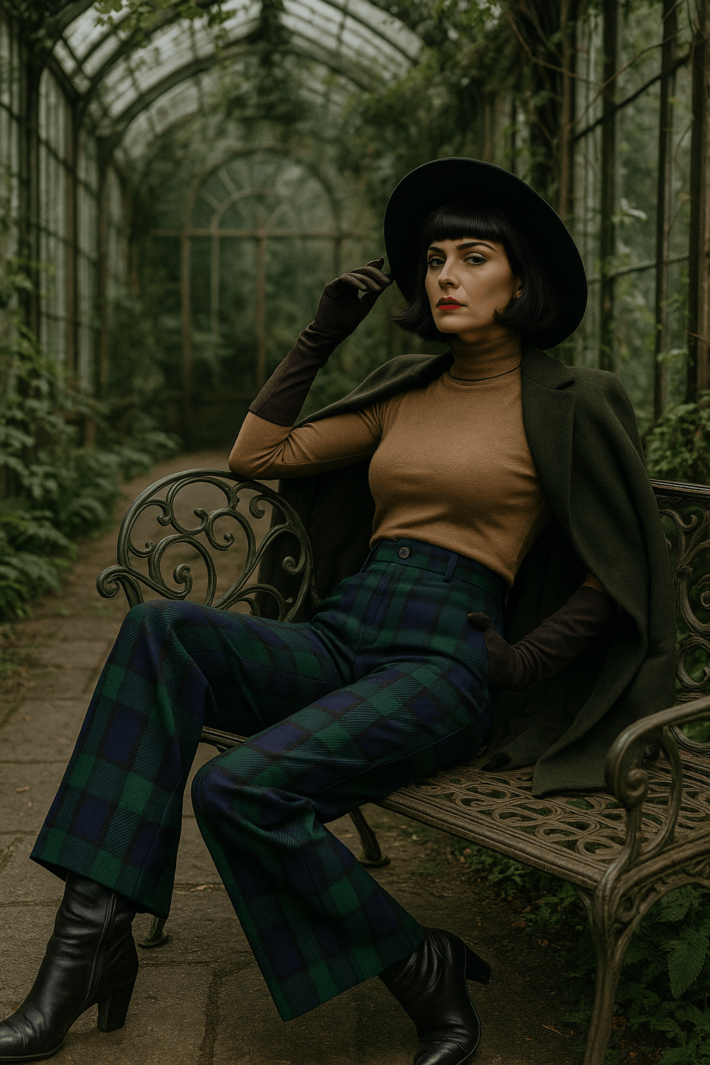 Woman wearing black watch tartan wide-leg trousers styled with brown turtleneck and black boots