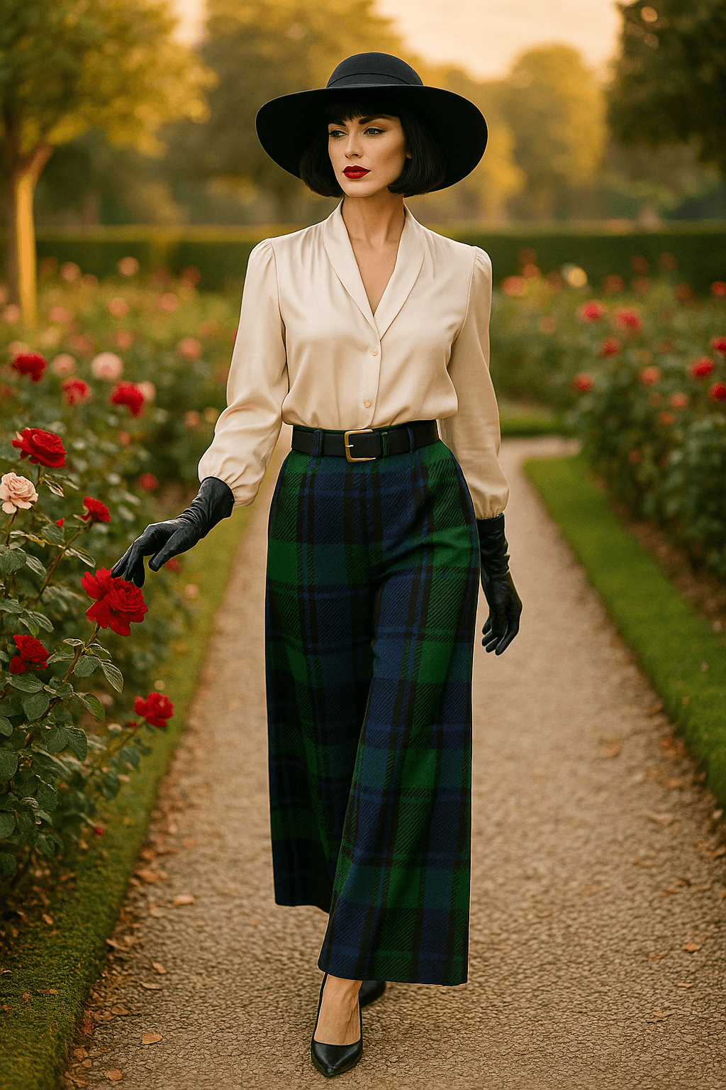 Woman wearing black watch tartan wide-leg trousers with a beige blouse, black hat, and gloves in garden