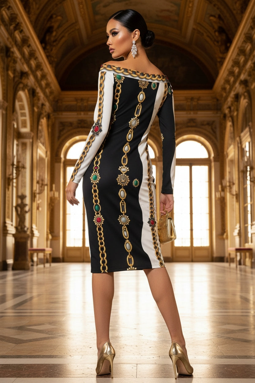 Baroque Off shoulder Bodycon Midi Dress S-6XL elegant evening outfit with long sleeves