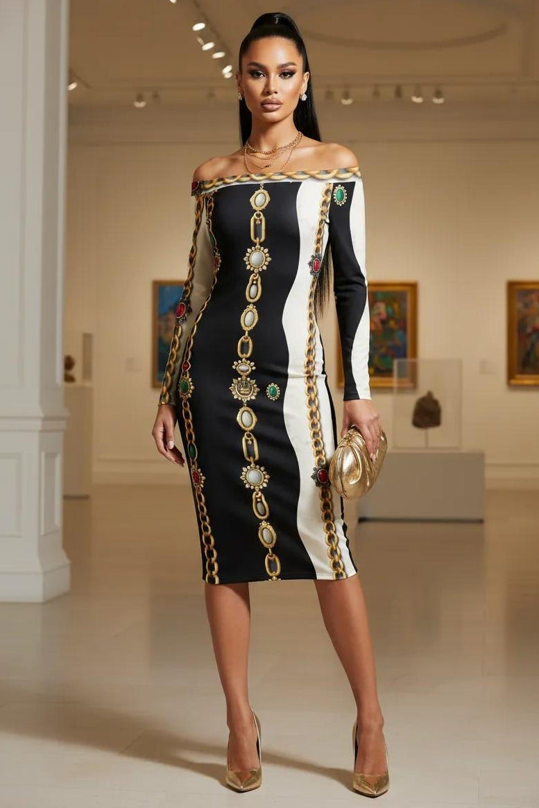 Baroque Off shoulder Bodycon Midi Dress S-6XL elegant evening outfit midi length