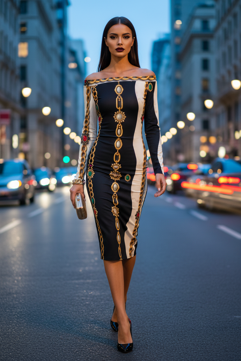 Baroque Off shoulder Bodycon Midi Dress S-6XL elegant evening outfit with chain pattern
