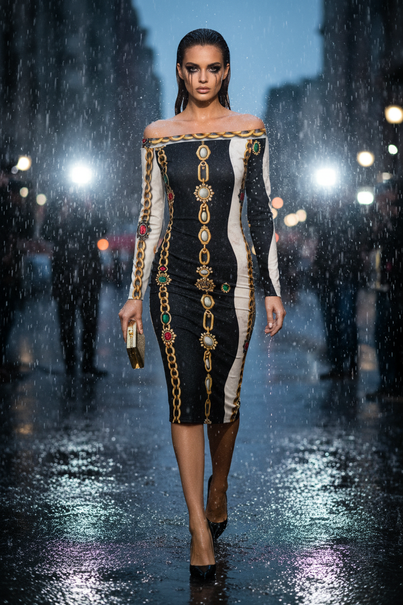 Baroque Off shoulder Bodycon Midi Dress S-6XL elegant evening outfit with gold chain print