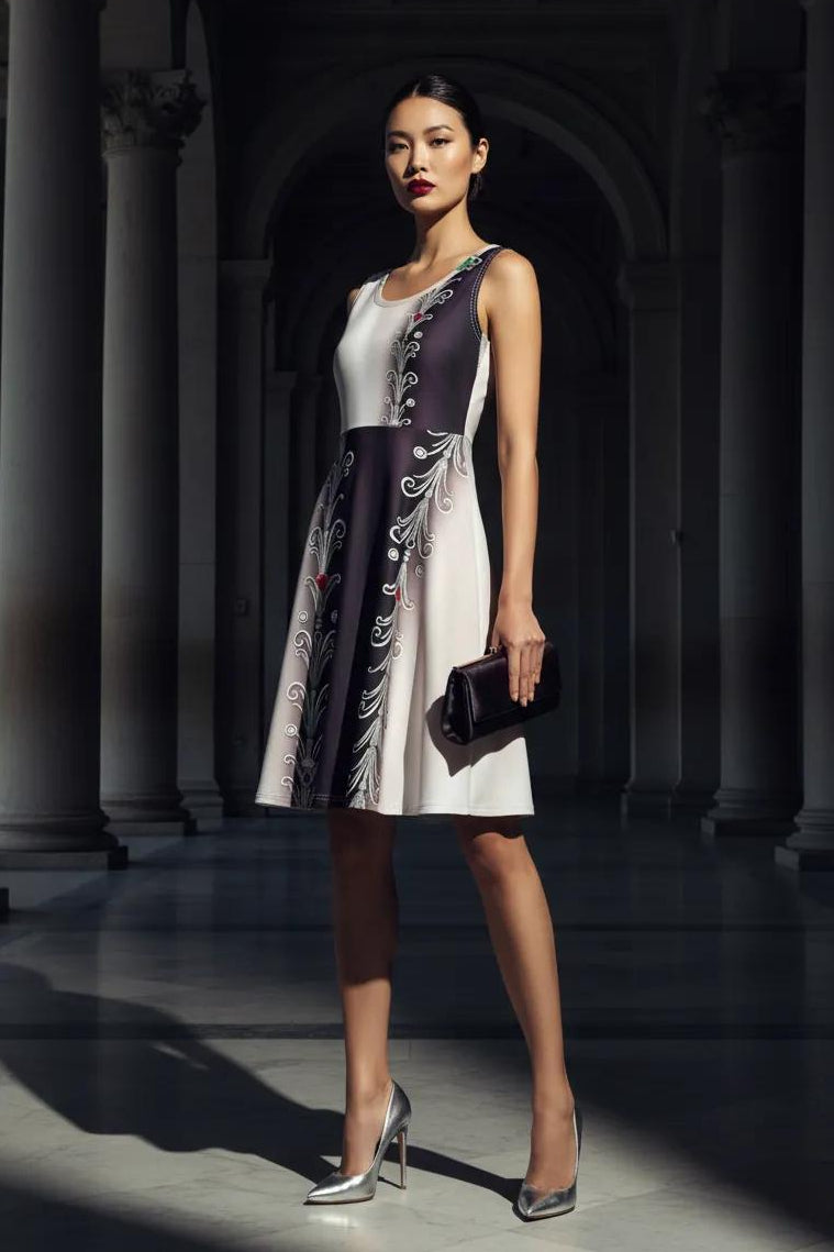 Black and white color block dress a line dresses with floral embroidery and sleeveless silhouette