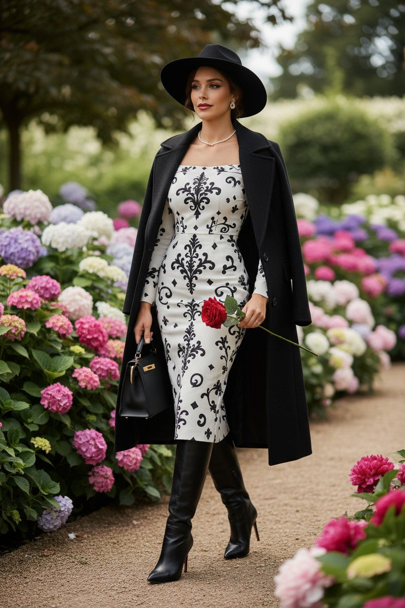 White-Black Baroque Off-the-Shoulder Long Sleeve Wrap Dress for Women | Elegant Bodycon Midi Dress - Angelic Blessings