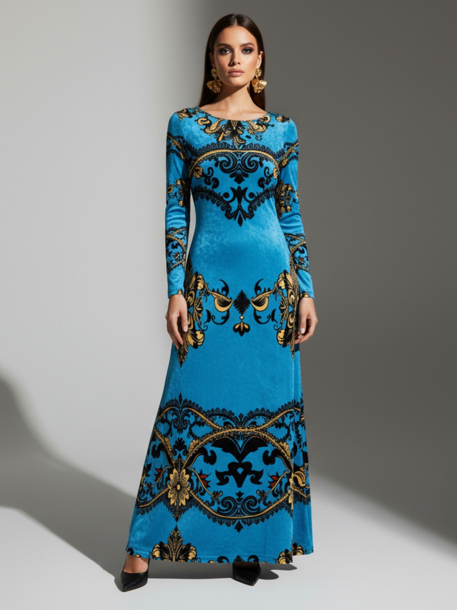 Angelic Blessings Shop baroque print velvet maxi dress in blue with long sleeves and ornate patterns