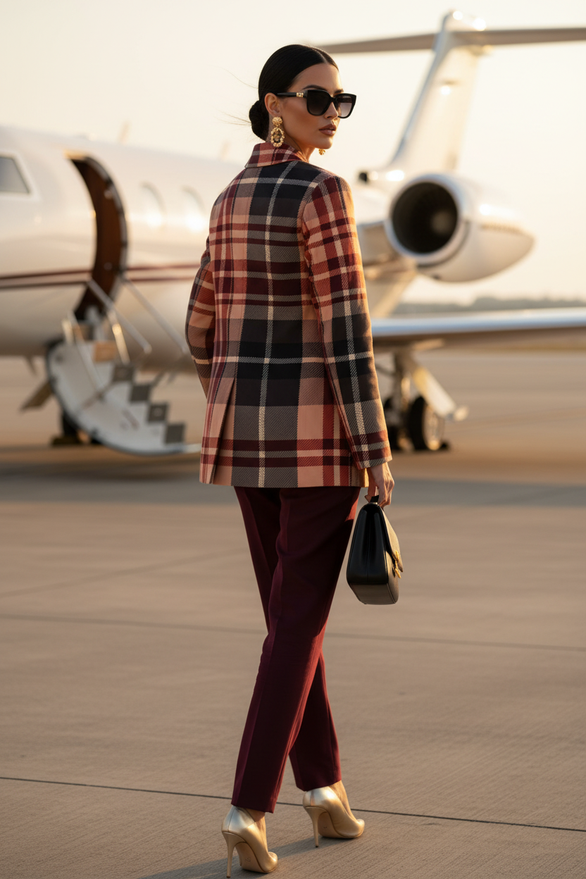Blush Rose & Burgundy cotton blazer with plaid pattern for elegant evening outfit