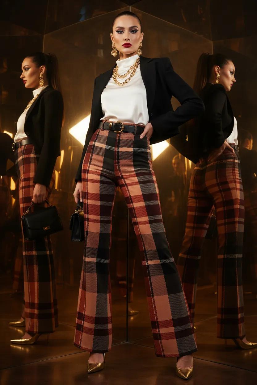 Blush Rose Burgundy Tartan Wide Leg Women Trousers Pants Stylish Outfit Elegant Evening Wear