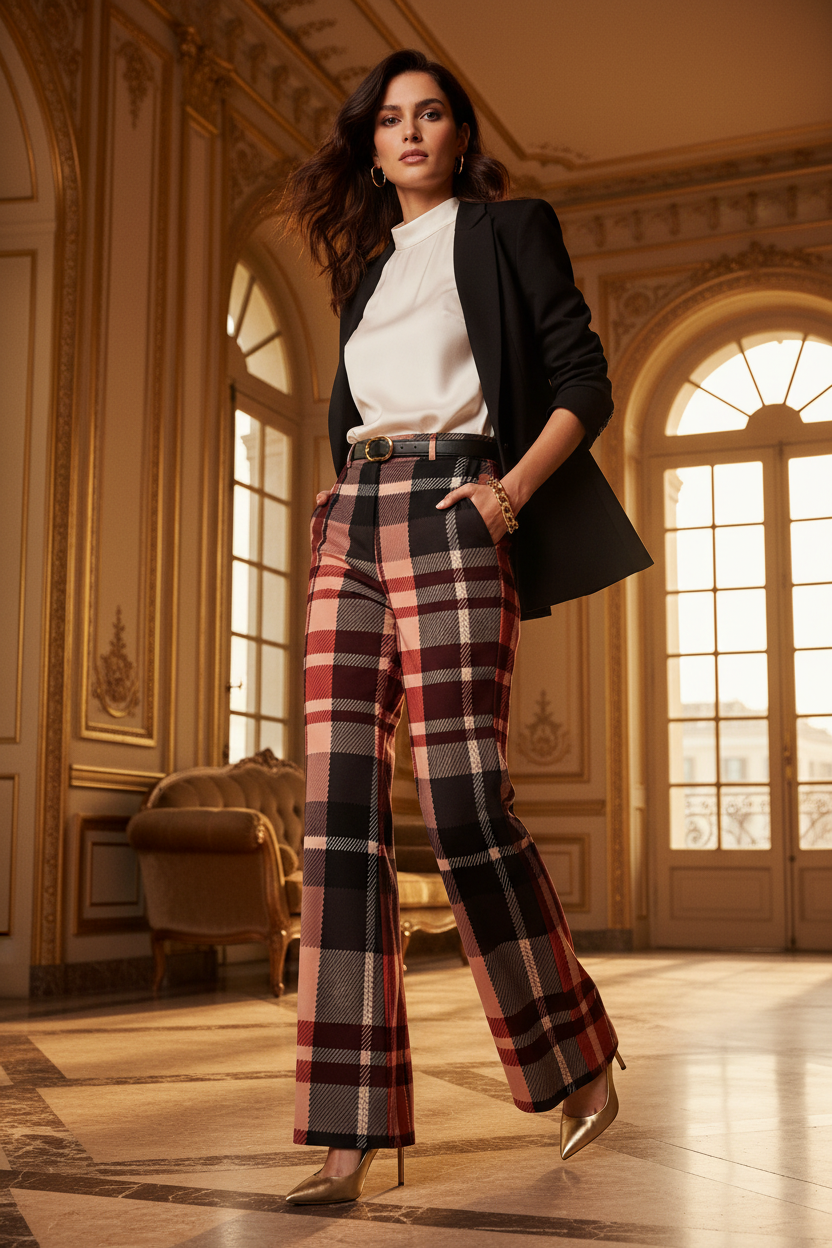 Blush Rose Burgundy Tartan wide leg women trousers pants perfect elegant evening outfit