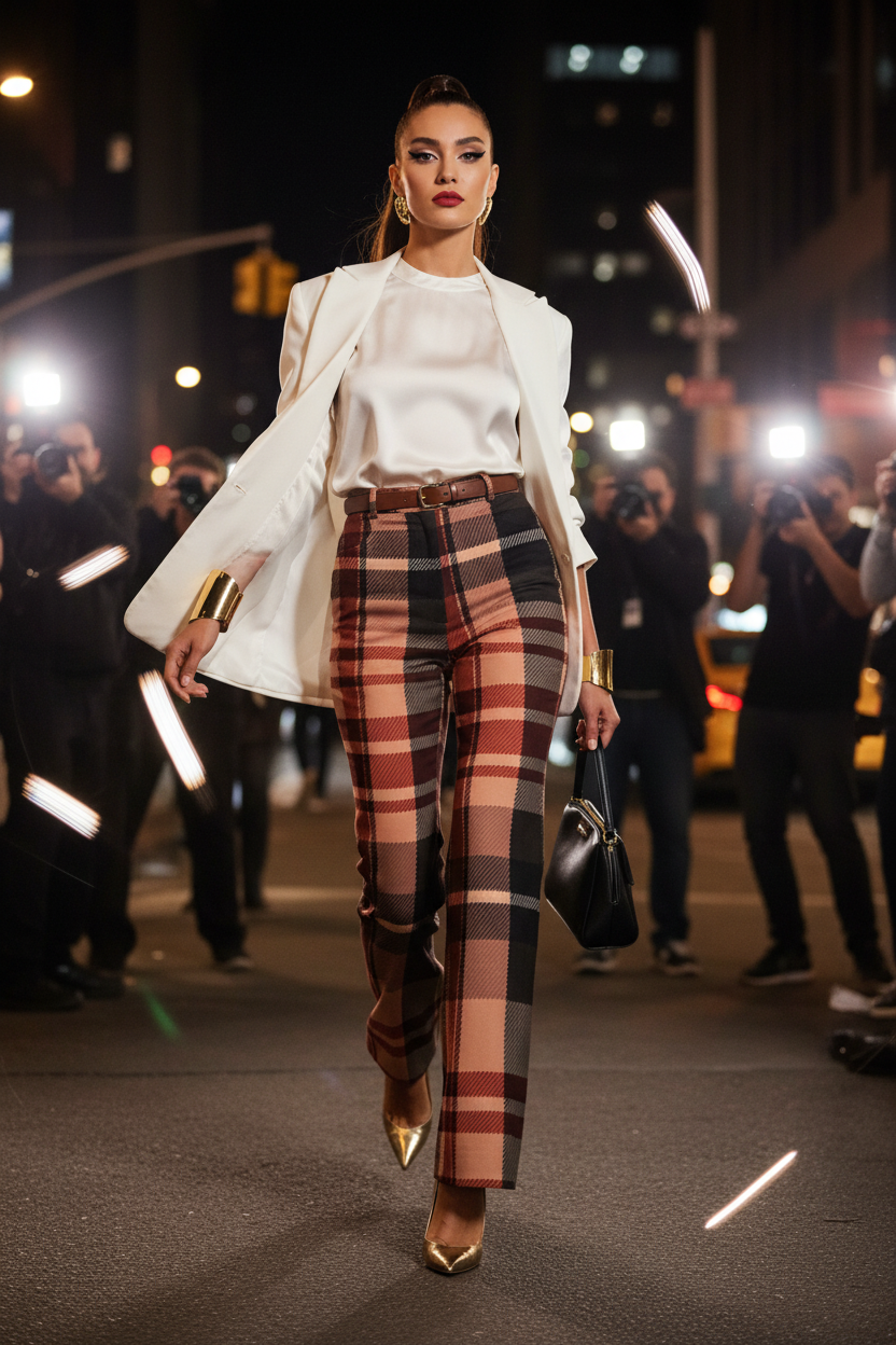 Blush Rose Burgundy Tartan wide leg women trousers pants styled with elegant evening outfit