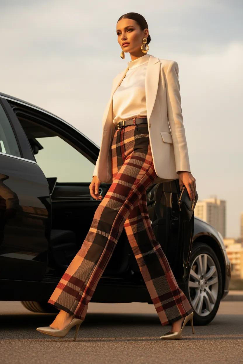 Blush Rose Burgundy Tartan Wide Leg Women Trousers Pants with Elegant Evening Outfit