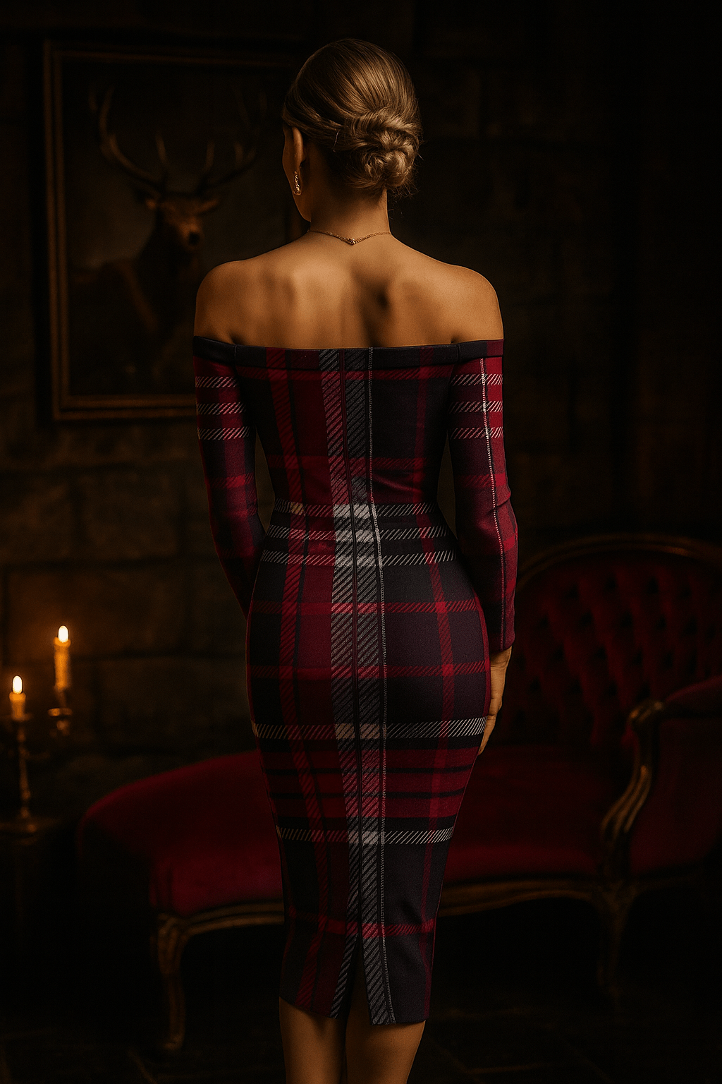 Angelic Blessings Bordeaux tartan off-shoulder bodycon dress in red black plaid luxury evening dress