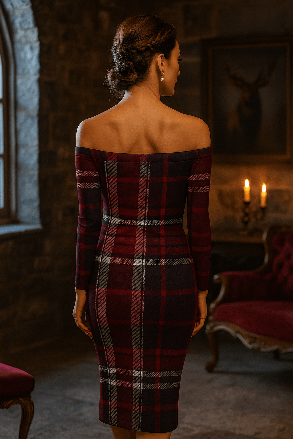 Back view of Bordeaux tartan off-shoulder bodycon dress by Angelic Blessings in vintage room
