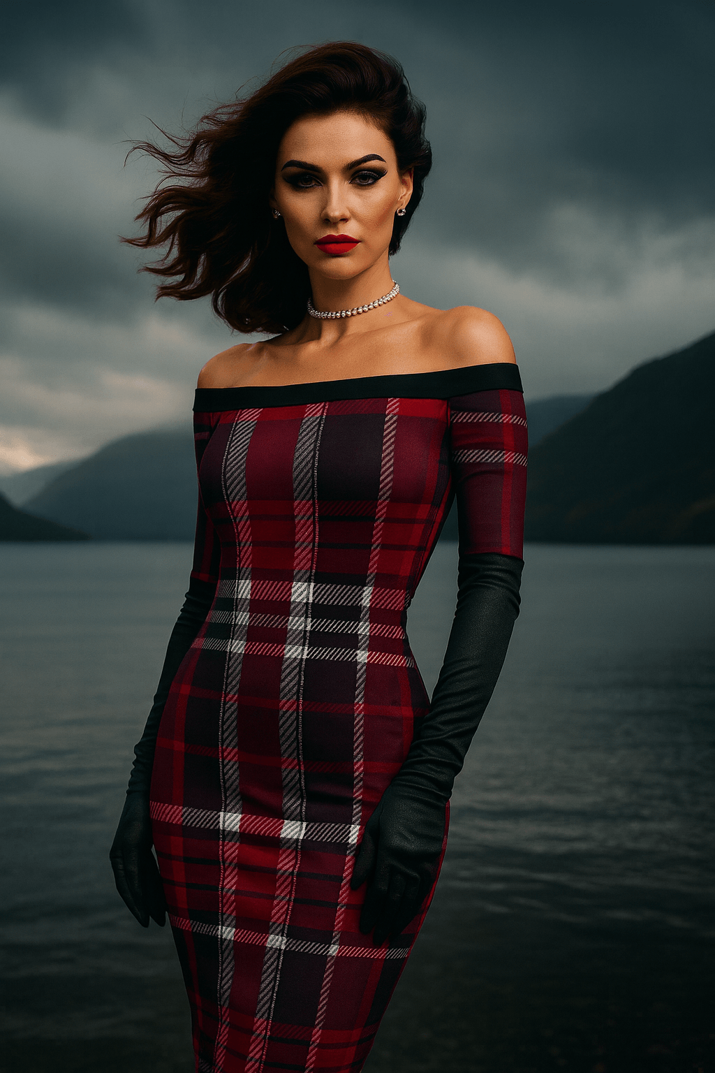 Angelic Blessings Bordeaux tartan off-shoulder bodycon dress worn by woman with black gloves by the lake