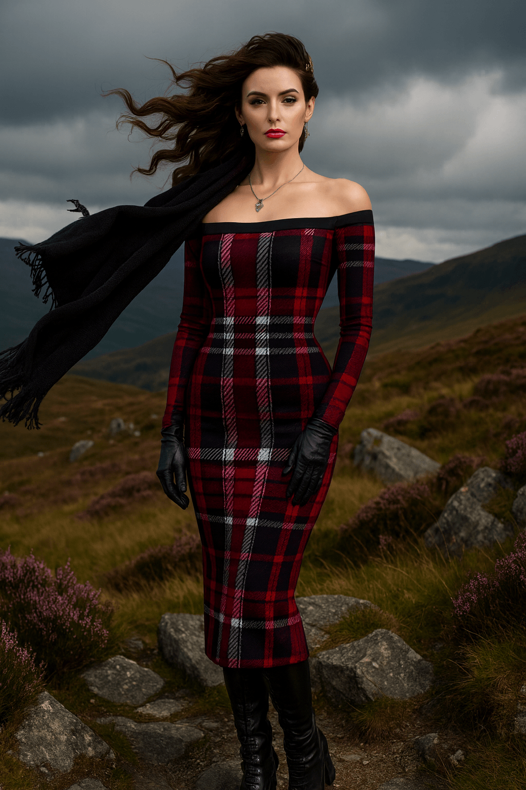 Angelic Blessings Bordeaux tartan off-shoulder bodycon dress worn outdoors in scenic landscape
