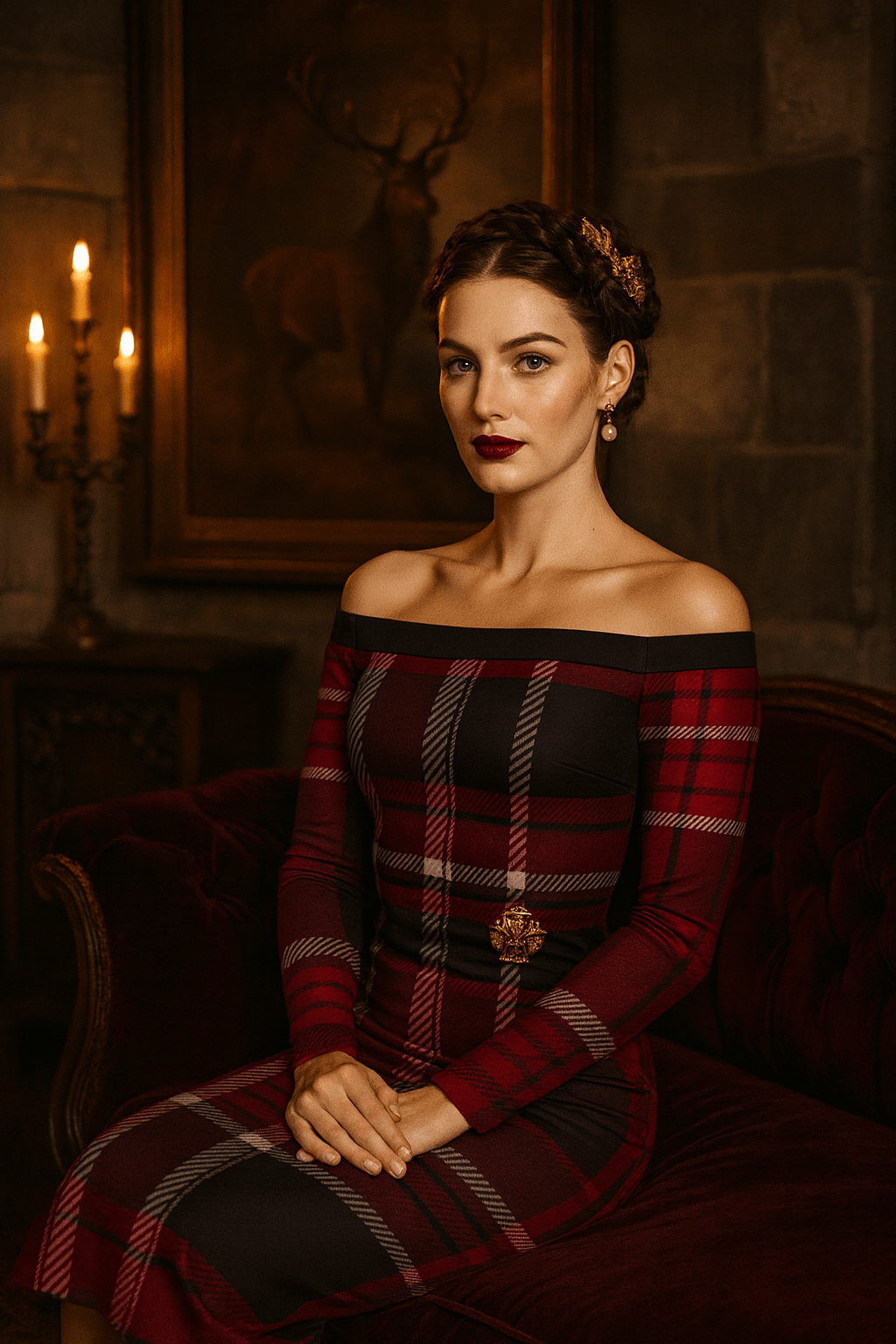 Woman wearing Bordeaux tartan off-shoulder bodycon dress by Angelic Blessings sitting on a vintage sofa