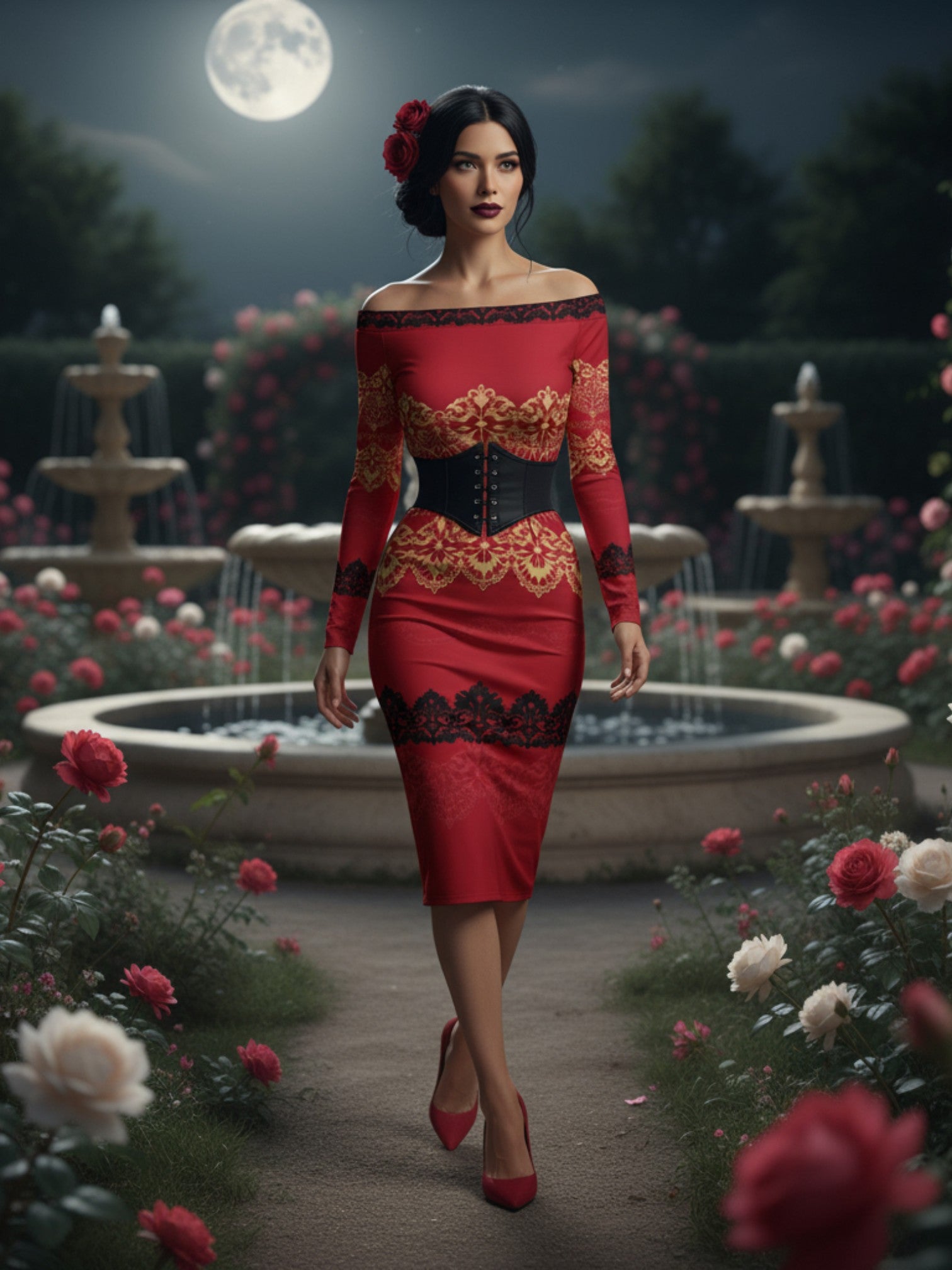 Red off-the-shoulder long sleeve midi dress with black lace and gold detailing by Angelic Blessings Shop