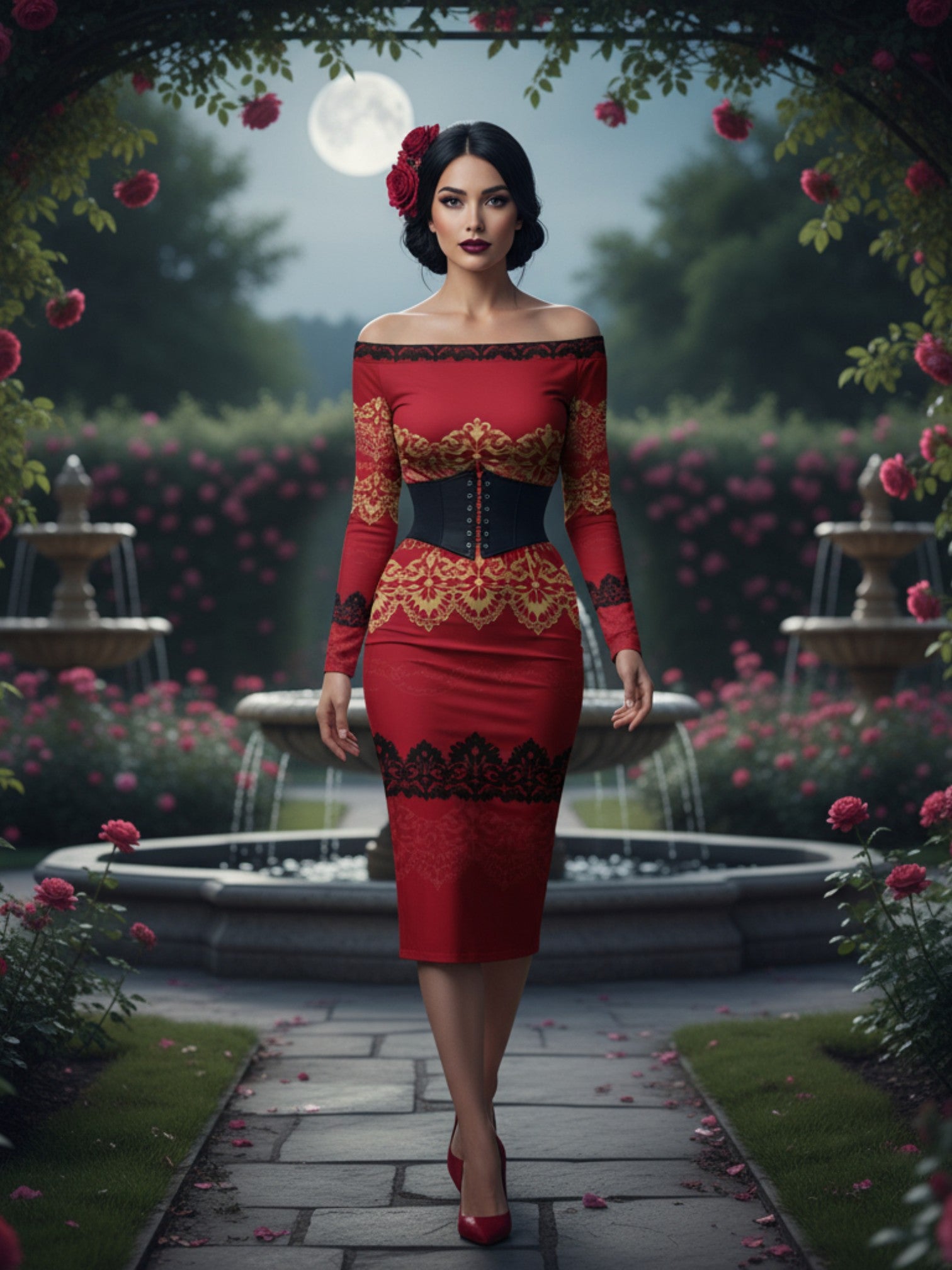 Red off-the-shoulder long sleeve midi dress with gold lace details worn by model in garden