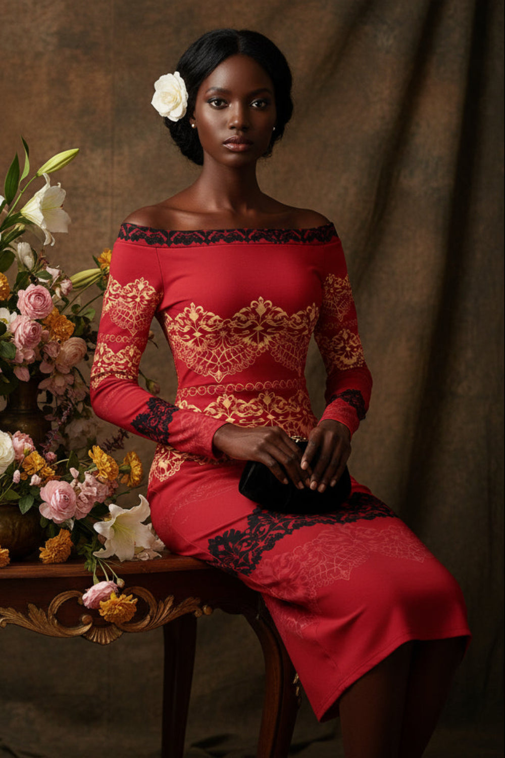 Angelic Blessings Shop off-the-shoulder long sleeve midi dress in red with gold and black patterns