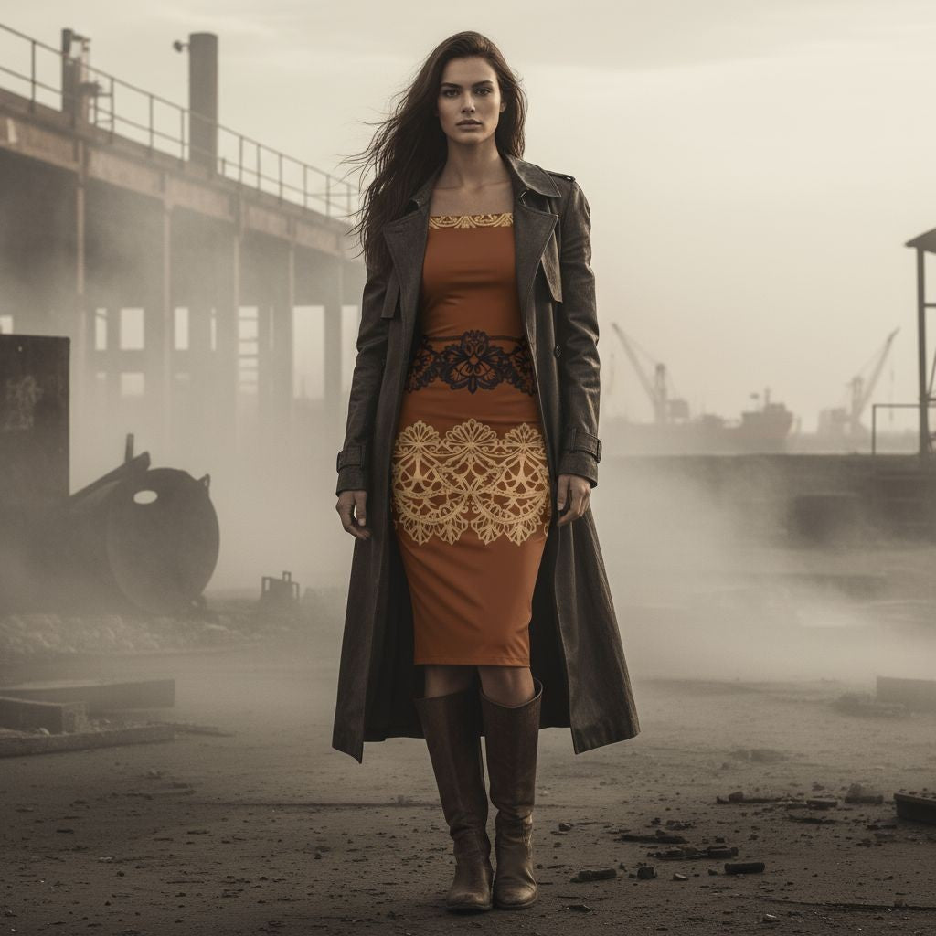 Fashion editorial image of brown baroque lace wrap dress styled with gold jewelry and soft glam makeup.