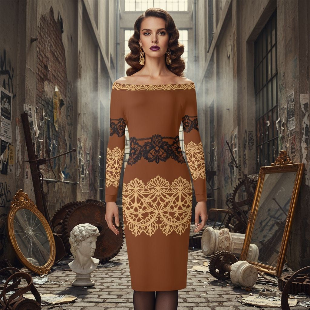 Banner image showing elegant brown baroque lace off-shoulder wrap dress for luxury evening wear collection.