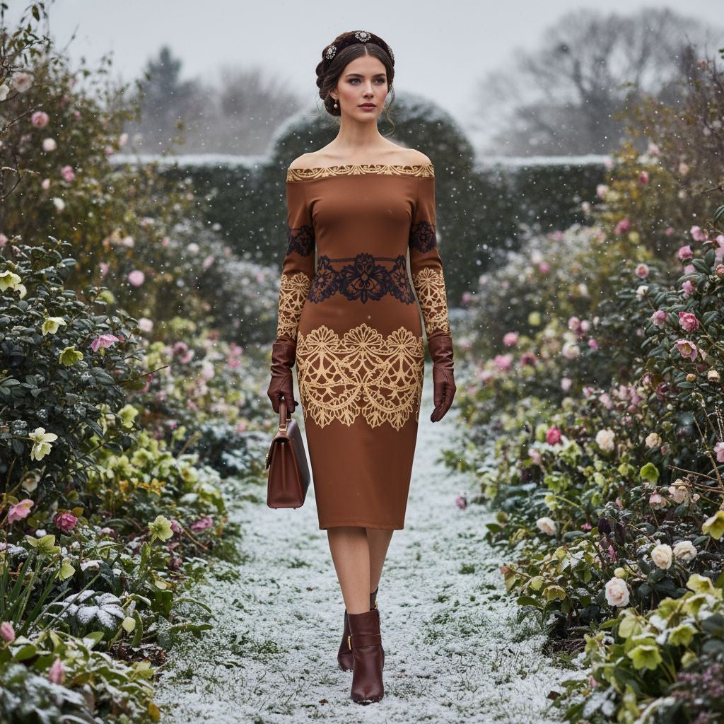 Studio shot of model wearing brown baroque lace midi wrap dress, highlighting modern romantic style.