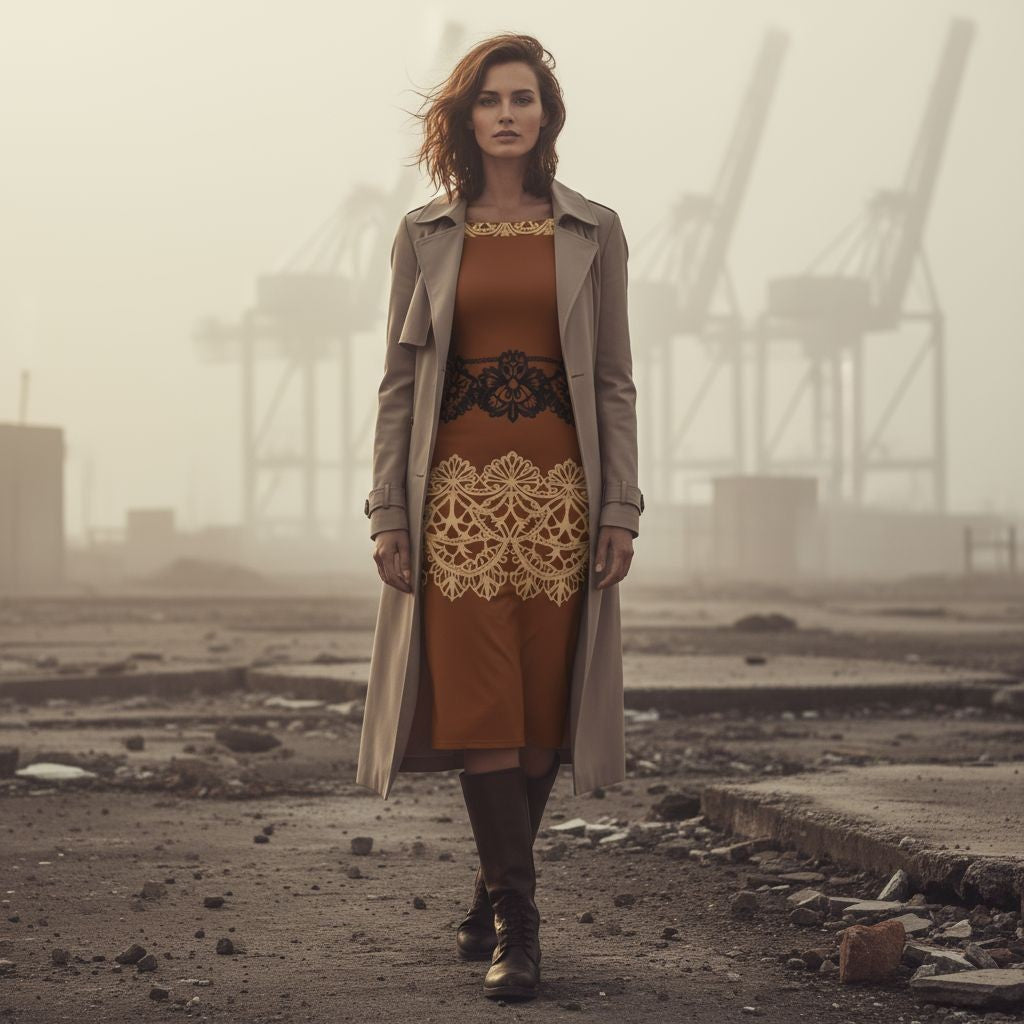 Full-length shot of brown baroque lace off-shoulder dress styled for formal evening look.