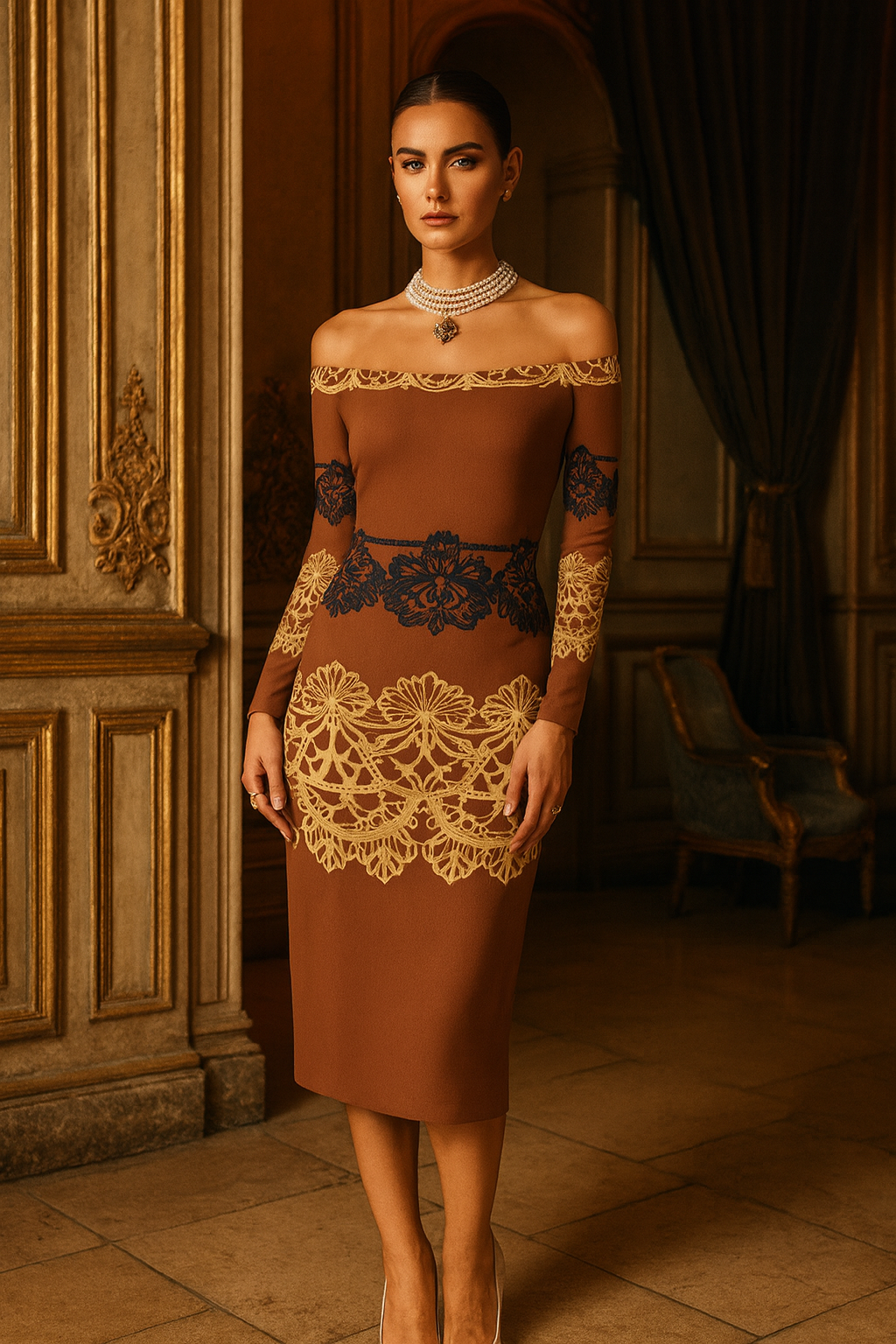 Woman wearing brown baroque lace off-shoulder wrap midi dress with long sleeves, elegant evening style.
