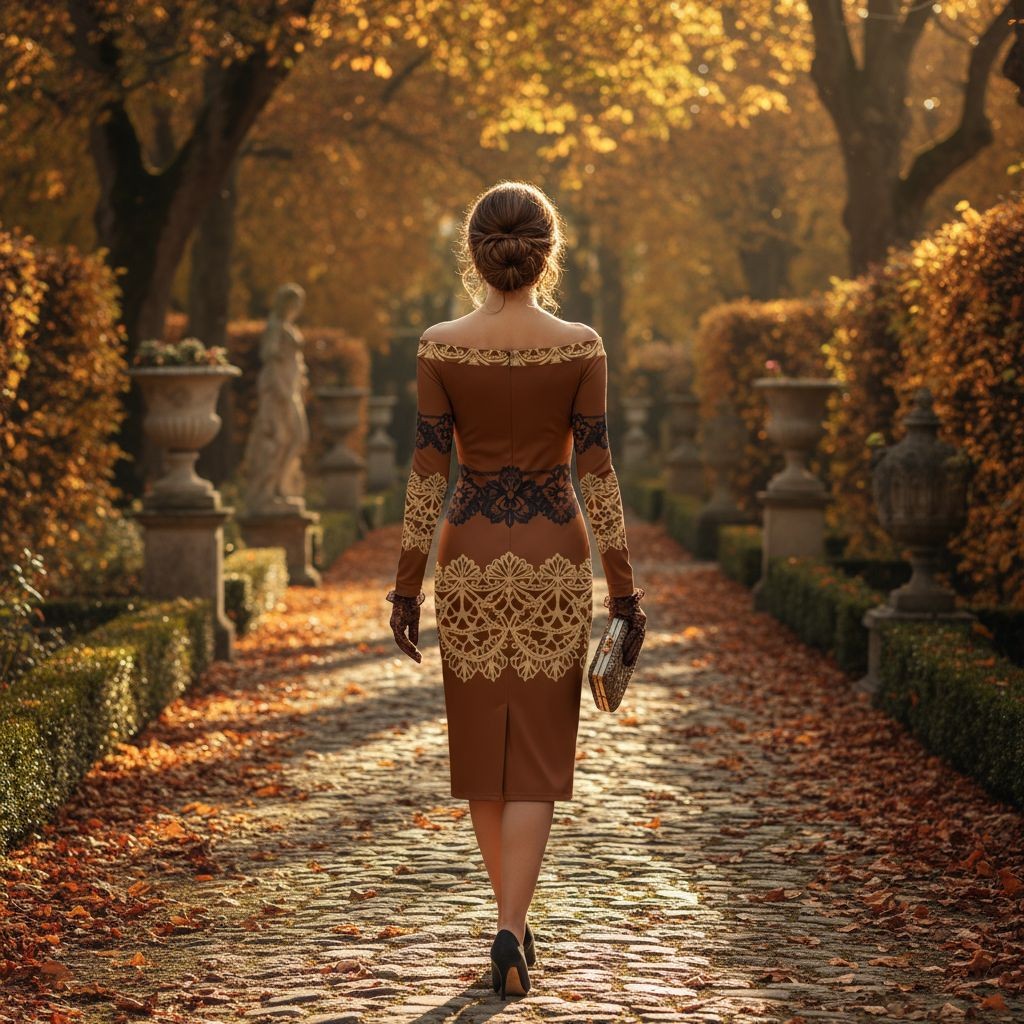 Side profile of woman in brown baroque lace wrap dress with off-shoulder neckline and bodycon fit.