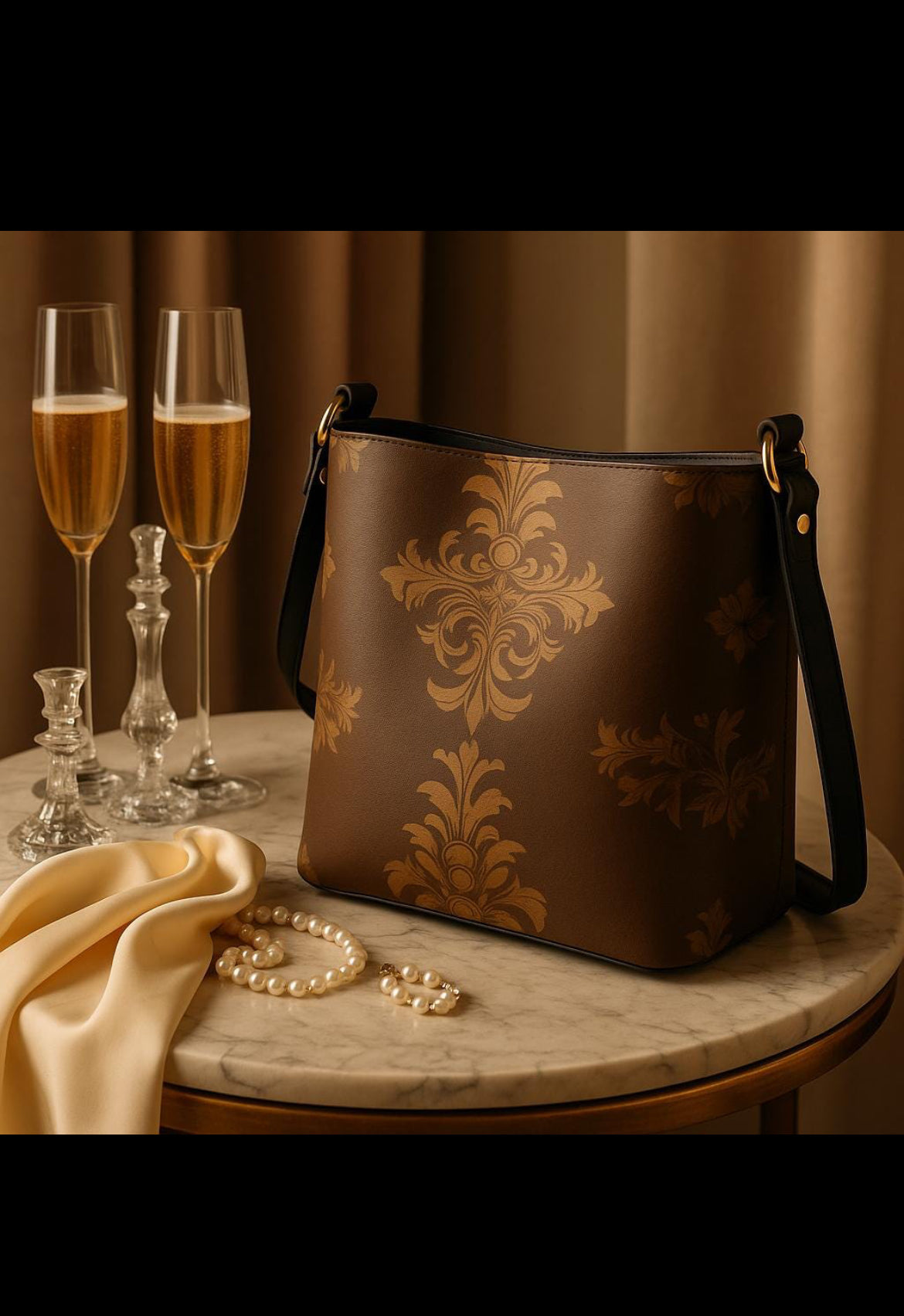 Brown baroque print bucket handbag from Angelic Blessings Shop displayed on marble table with pearls and champagne glasses