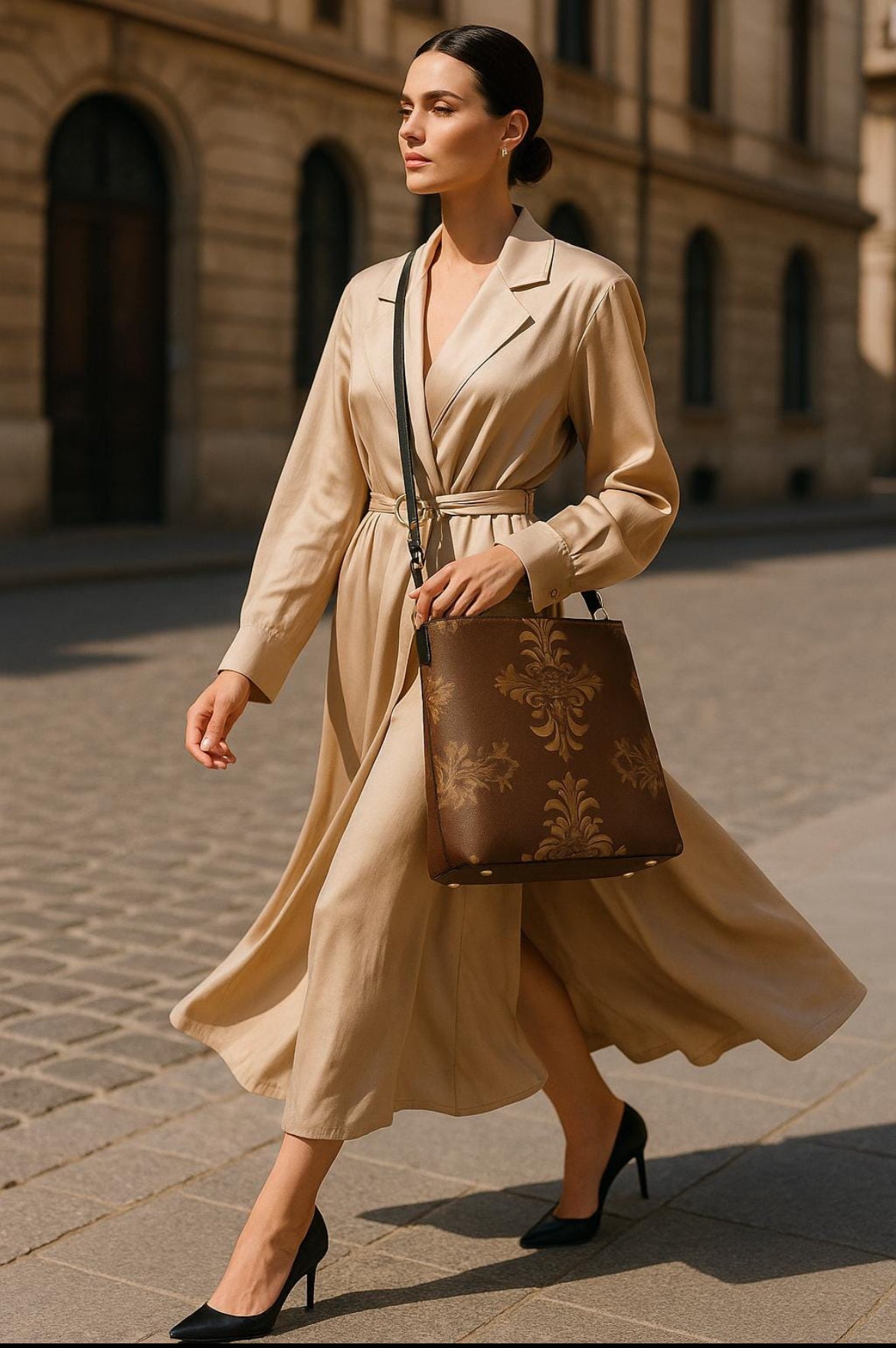 Brown baroque print bucket handbag worn by woman in beige dress walking on city street